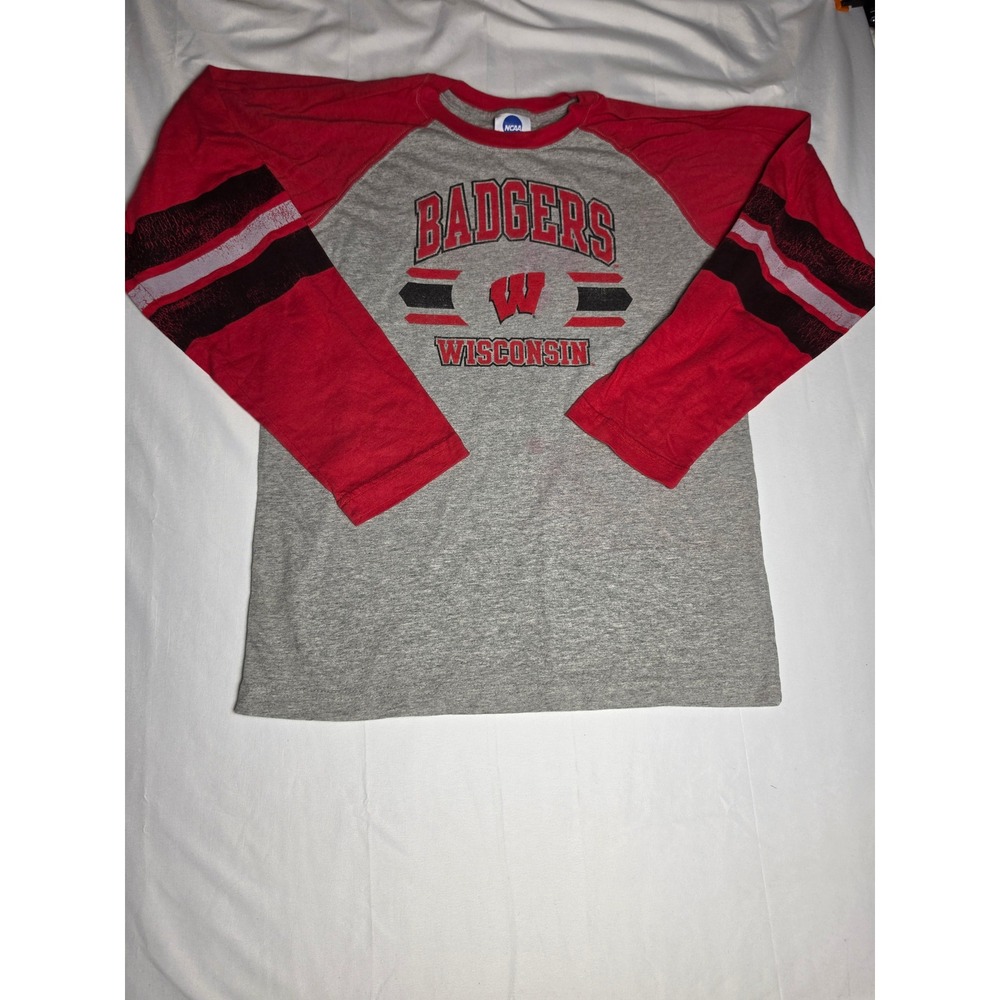 NCAA Wisconsin Badgers Raglan Tee Red Grey Graphic Shirt XL 14/16